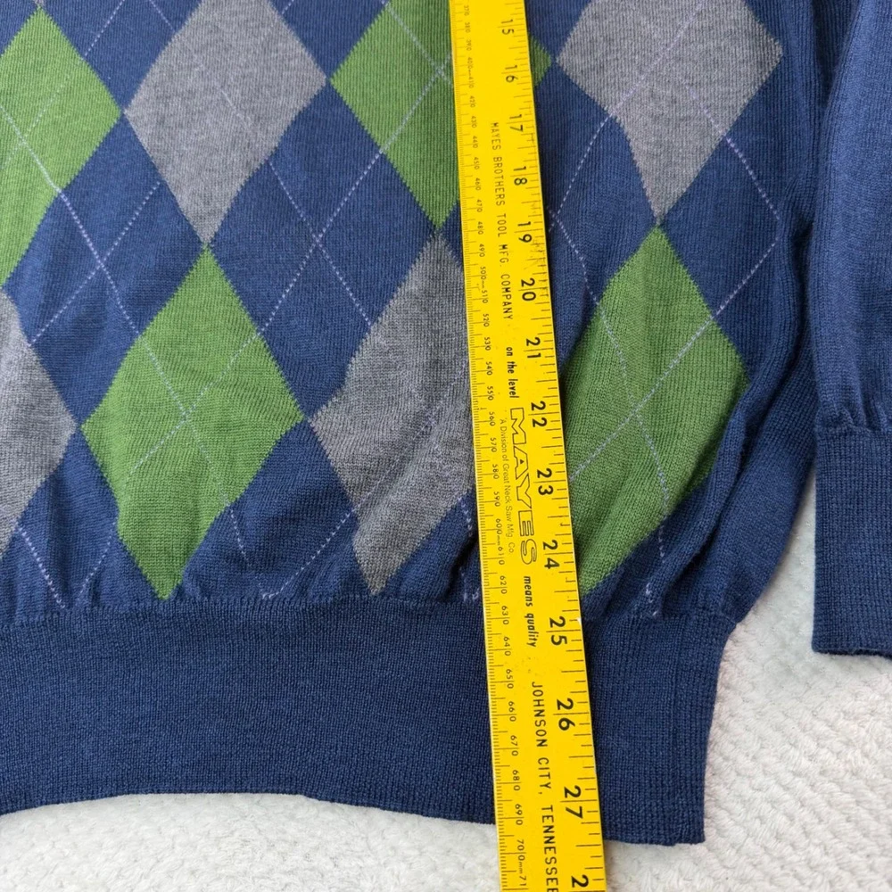 Vintage Paul Stuart Italy Extrafine Merino Wool Argyle V-Neck Sweater Blue L